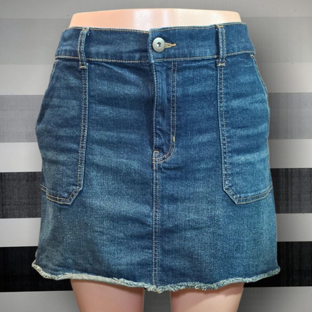 No Boundaries Denim Mini Skirt XL 15-17 Dark Wash Frayed Raw Hem Comfort Stretch